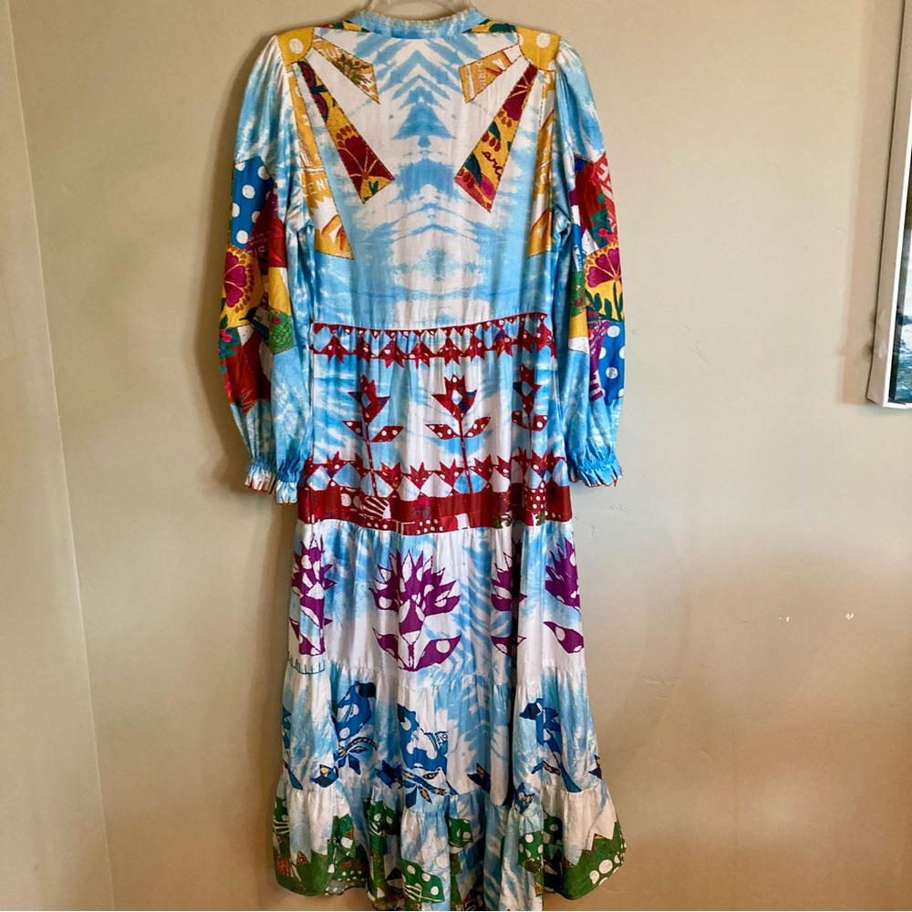 RARE FARM Rio Tie Dye Rainbow Patchwork Maxi Dress Batik Print Blue Size S or M - Picture 13 of 16